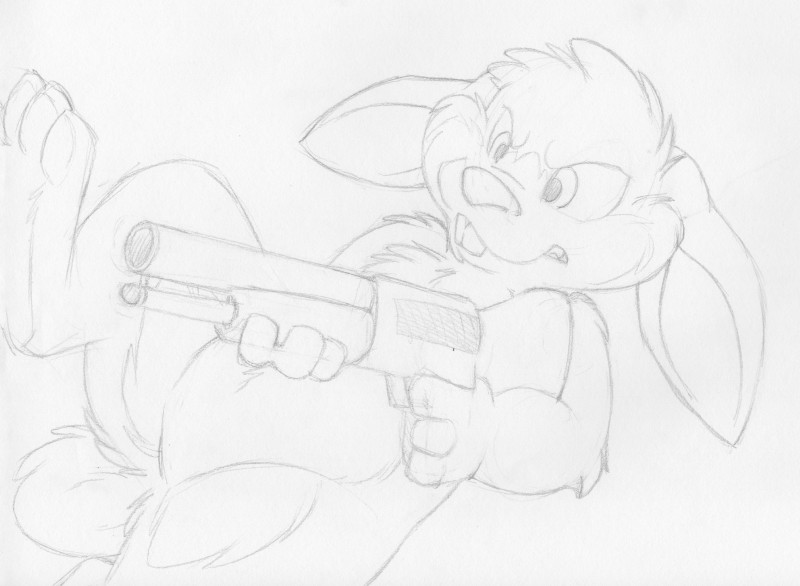 action_pose buckteeth featureless_crotch gun holding_gun holding_object holding_ranged_weapon holding_weapon nude pose ranged_weapon sawed-off_shotgun semi-anthro shotgun solo teeth weapon mizzyam lagomorph leporid mammal rabbit absurd_res graphite_(artwork) greyscale hi_res monochrome sketch traditional_media_(artwork)