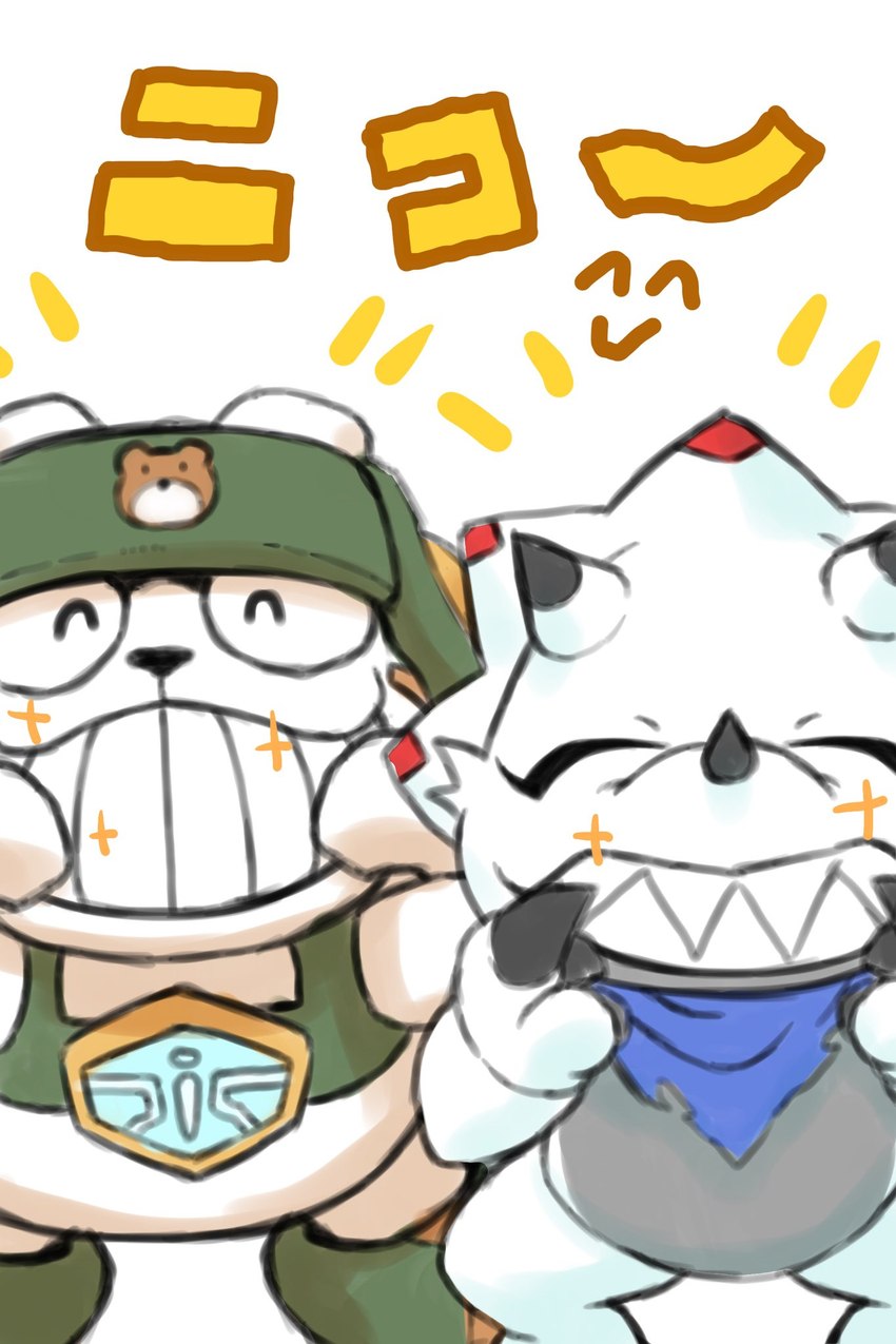 anthro armor duo grin headgear helmet horn kerchief male sharp_teeth smile teeth white_body gerusyu bandai_namco digimon bear ceratopsian digimon_(species) dinosaur gammamon kumamon mammal ornithischian prehistoric_species reptile scalie triceratops hi_res