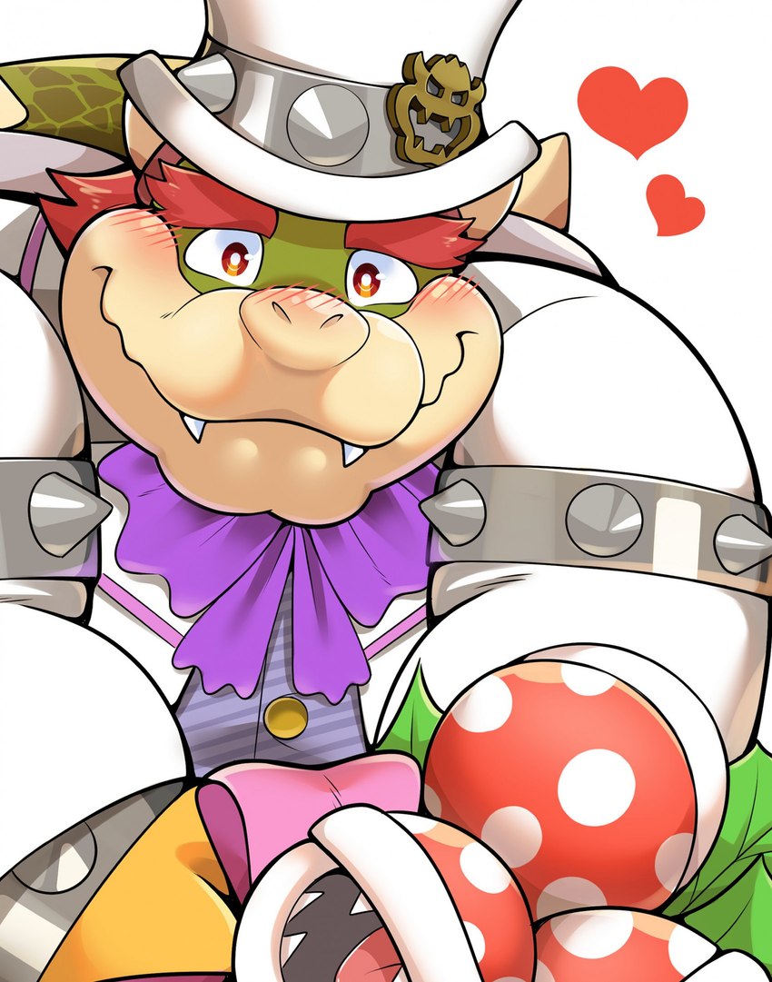 anthro armband blush blush_lines bow_tie bracelet clothed clothing eyebrows hat headgear headwear heart_symbol holding_plant horn jewelry looking_at_viewer male plant shell smile solo spiked_armband spiked_bracelet spiked_shell spikes spikes_(anatomy) suit thick_eyebrows top_hat white_clothing white_suit uwsponge mario_bros nintendo super_mario_odyssey bowser elemental_creature flora_fauna koopa piranha_plant scalie 2024 hi_res