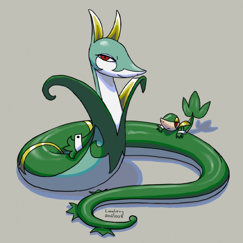 ambiguous_gender duo female feral looking_at_viewer nude serpentine simple_background smile longlevy nintendo pokemon generation_5_pokemon pokemon_(species) reptile scalie serperior snake snivy 1:1 2016 digital_media_(artwork) greyscale monochrome shaded