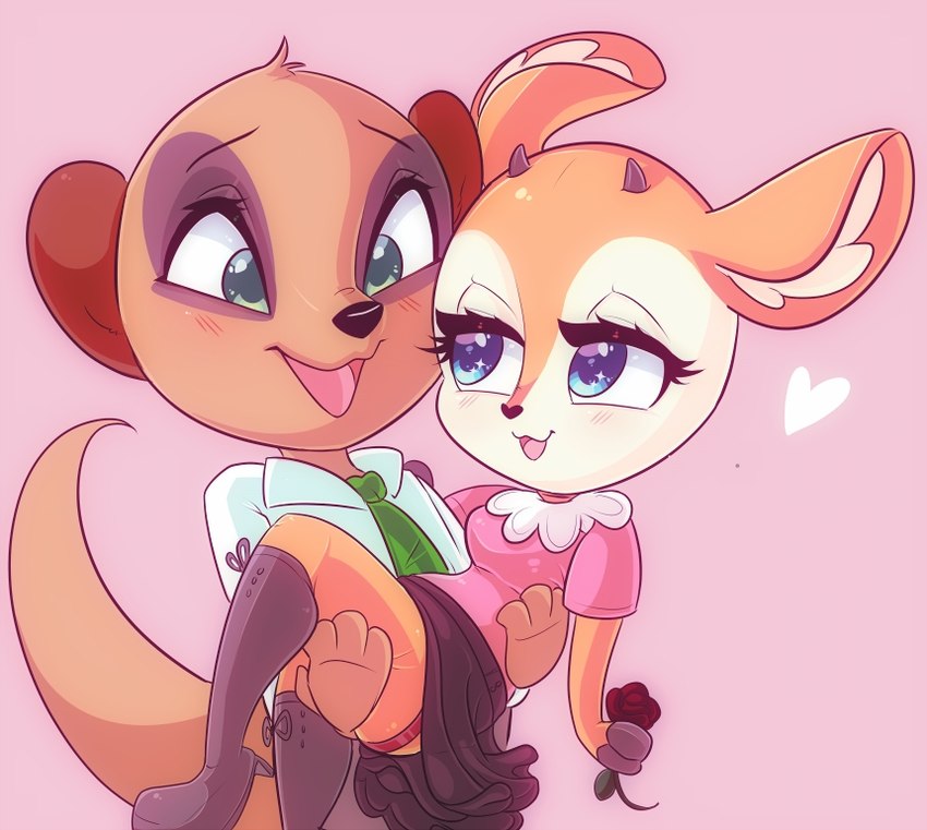 anthro black_nose blue_eyes carrying_another clothed clothing duo female fur heart_symbol male multicolored_body multicolored_fur open_mouth orange_body orange_fur outline simple_background tan_body tan_fur white_body white_fur faeriebottle aggretsuko sanrio chief_komiya tsunoda_(aggretsuko) antelope bovid gazelle herpestid mammal meerkat thomson's_gazelle true_antelope 2021 digital_media_(artwork)