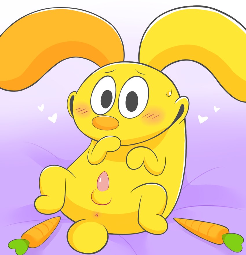 anus balls blush blush_lines bodily_fluids carrot erection food fur genitals heart_symbol looking_at_viewer male orange_nose penis plant sitting smile solo sweat tail toony vegetable yellow_body yellow_fur driosawm untalkative_bunny lagomorph leporid mammal rabbit cel_shading shaded