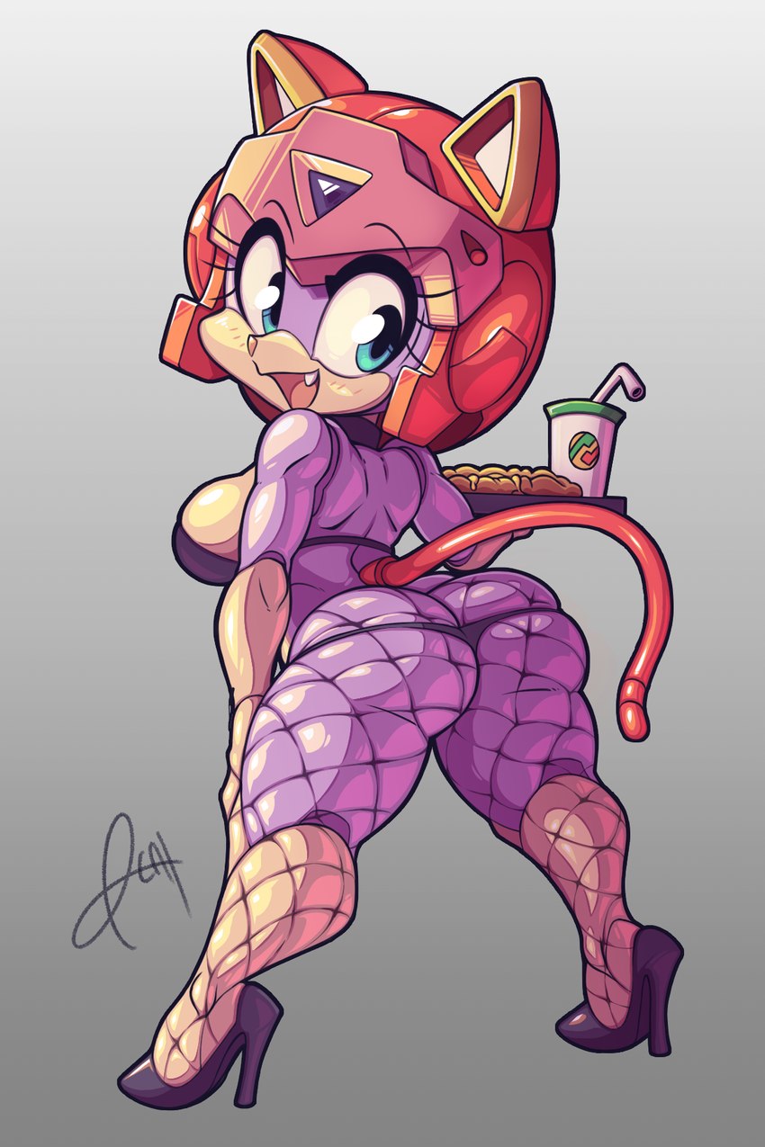 anthro armor big_butt breasts butt clothing female footwear headgear helmet high_heels shoes solo stirrup_(marking) thong underwear pizzacat samurai_pizza_cats polly_esther domestic_cat felid feline felis mammal 2022 hi_res