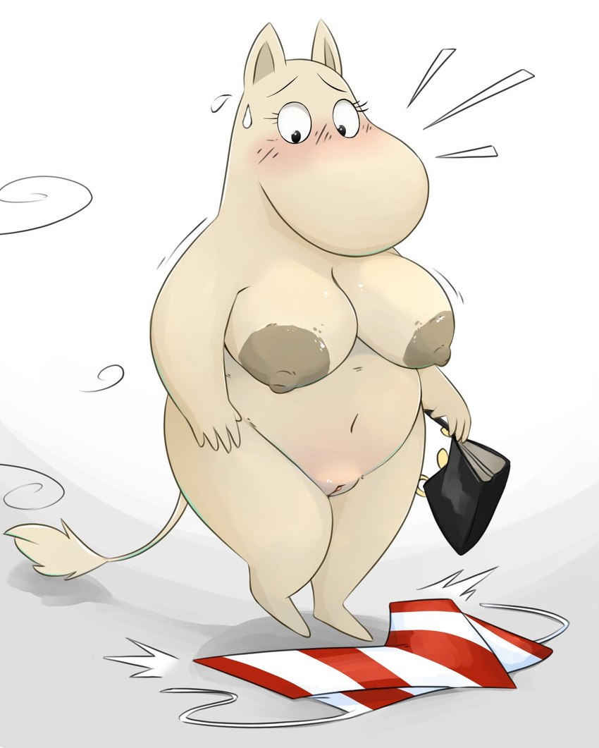 anthro areola big_areola big_breasts blush breasts clothing embarrassed female genitals handbag huge_breasts mature_female nipples nude nude_anthro nude_female purse pussy simple_background slightly_chubby solo standing tail tan_body wardrobe_malfunction white_background noodlestoat the_moomins moominmamma hippopotamid mammal moomin 2022 full-length_portrait hi_res portrait