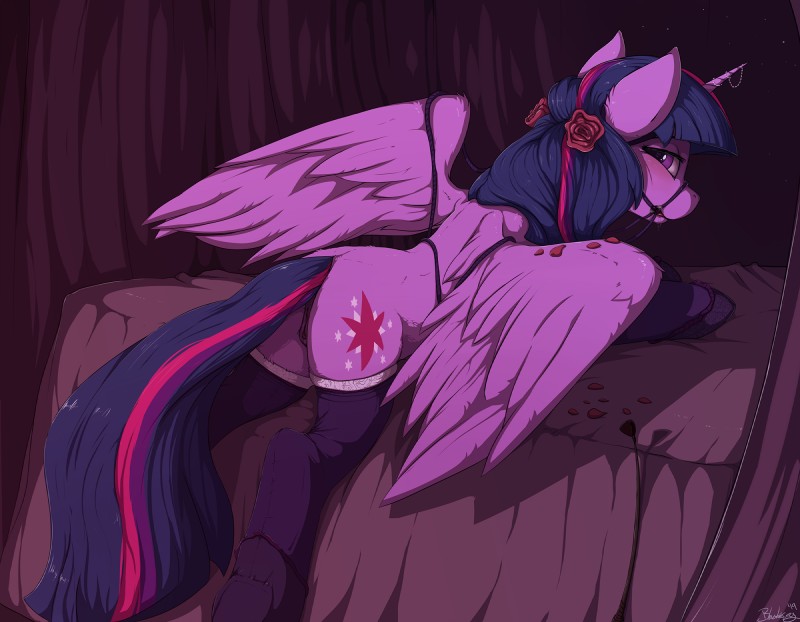 bodily_fluids butt clothing cutie_mark drooling female feral genitals horn legwear looking_at_viewer petals purple_eyes pussy rose_petals saliva solo wings blackfury friendship_is_magic hasbro my_little_pony mythology twilight_sparkle_(mlp) equid equine mammal mythological_creature mythological_equine winged_unicorn 2019 hi_res signature