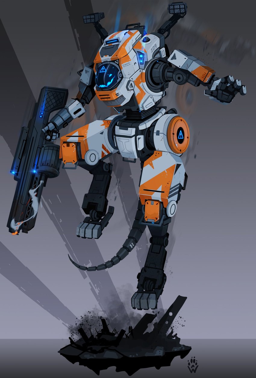 anthro bad_trigger_discipline blue_eyes grey_body gun holding_gun holding_object holding_ranged_weapon holding_rifle holding_weapon jumping machine male multicolored_body not_furry orange_body protogen_visor ranged_weapon rifle science_fiction solo tail weapon white_body wolfdawg titanfall_2 protogen robot 2024 hi_res