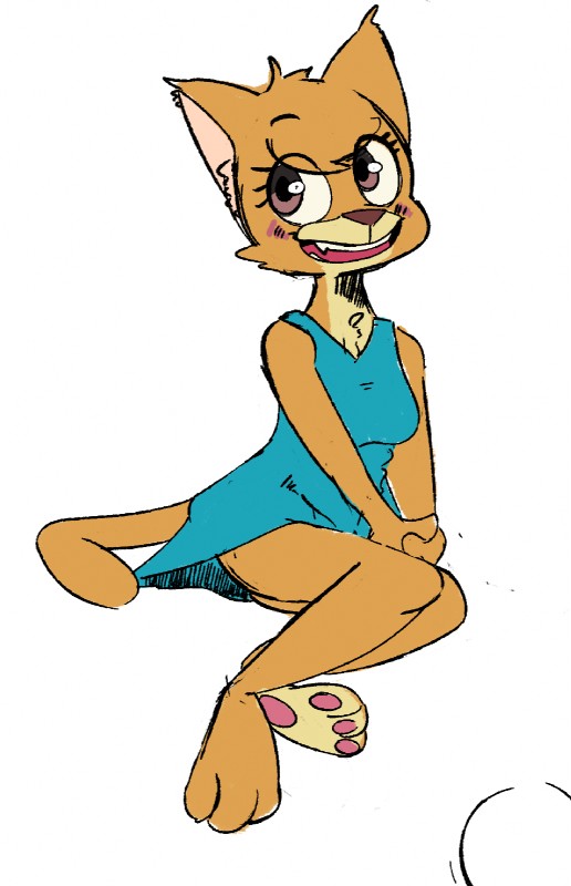 anthro barefoot biped blush breasts brown_body brown_fur butt clothed clothing dress eyelashes fangs feet female fur paws pose sitting smile solo sundress teeth upskirt gabbah lily_(gabbah) domestic_cat felid feline felis mammal 2016 digital_media_(artwork) hi_res