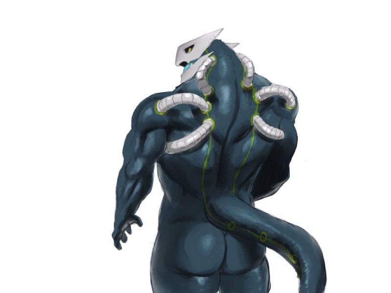 5_fingers abs anthro back_muscles black_sclera blue_tongue butt fingers jaws looking_at_viewer looking_back machine male muscular muscular_anthro muscular_male open_mouth pecs simple_background solo tongue yellow_eyes katabreak altair_(katabreak) android humanoid monster robot 2019 4:3