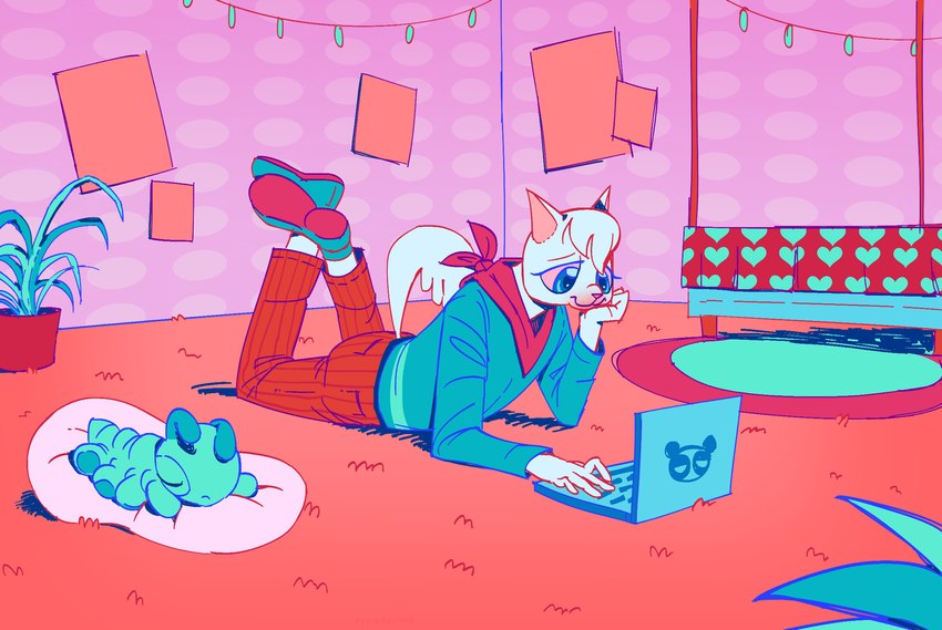 ambiguous_gender anthro bed bedroom bottomwear carpet clothing computer detailed_background duo electronics feral footwear fur furniture inside laptop larva lying on_front pants pillow plant plant_pot potted_plant shoes sleeping tail toony white_body white_fur coelodontah hasbro littlest_pet_shop lps_9 lps_t133 arthropod caterpillar domestic_cat felid feline felis insect mammal hi_res