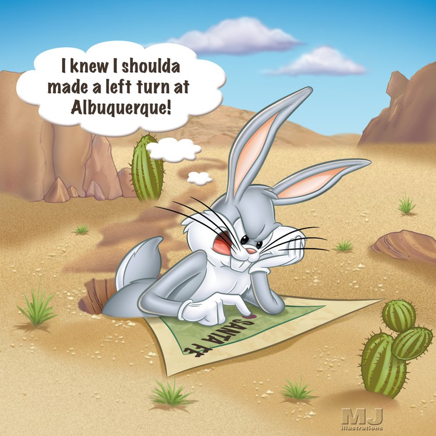 albuquerque angry anthro blue_sky buckteeth burrow butt cactus cloud desert dirt fluffy frown fur grass grey_body hill male new_mexico open_mouth plant rock rocky_hill santa_fe sky solo teeth text thought_bubble trail upset whiskers white_body white_fur mjillustrations looney_tunes warner_brothers wrong_turn_at_albuquerque bugs_bunny hare lagomorph leporid mammal rabbit 1:1 english_text watermark