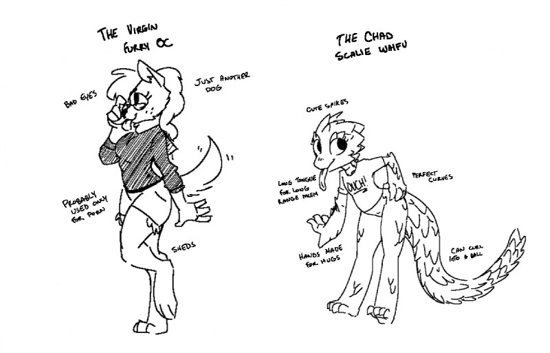 anthro barefoot bottomwear breasts clothing denim denim_clothing eyewear feet female fur glasses hair shorts text tongue tongue_out hijackerdraws virgin_vs._chad chadeline virginia_(hijackerdraws) canid canine canis domestic_dog lizard mammal reptile scalie black_and_white english_text meme monochrome