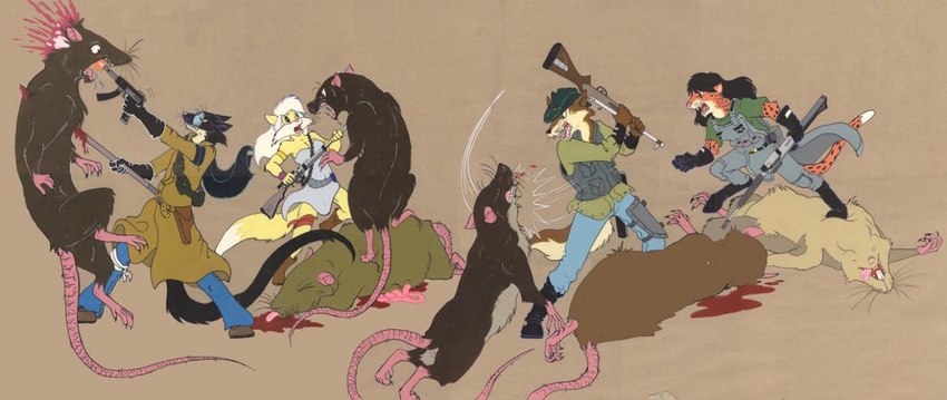 action_pose ambiguous_gender angry anthro apocalypse bandolier battle beating black_body black_boots black_clothing black_footwear black_fur black_gloves black_hair black_handwear black_nose black_tail blonde_hair blood blood_splatter bodily_fluids boots bottomwear brown_body brown_fur cheek_tuft clenched_teeth clothing coat corpse countershade_neck countershading denim denim_bottomwear denim_clothing dipstick_tail dress eyewear facial_tuft fedora female feral fight fighting_pose footwear fur glasses gloves gore green_clothing green_hat green_headwear group gun hair handwear hat headgear headwear holding_gun holding_object holding_ranged_weapon holding_rifle holding_weapon holster jeans killing long_hair long_tail male markings melee_weapon motion_lines multicolored_body multicolored_fur open_mouth orange_body orange_fur overalls pants pince-nez pink_nose polearm pose post-apocalyptic ranged_weapon rifle running shoes shooting shooting_gun shot_in_head spear spots spotted_body spotted_fur stab stabbed_through submachine_gun tail tail_markings tan_body tan_fur teeth tongue topwear trenchcoat tuft two_tone_body two_tone_fur wasteland weapon whiskers yelling roz_gibson custer_winston jack_salem canid canine canis felid gulonine jaguar mammal marten murid murine mustelid musteline pantherine rat red_wolf rodent sable_(marten) wolf 1994 1995 crossover traditional_media_(artwork)