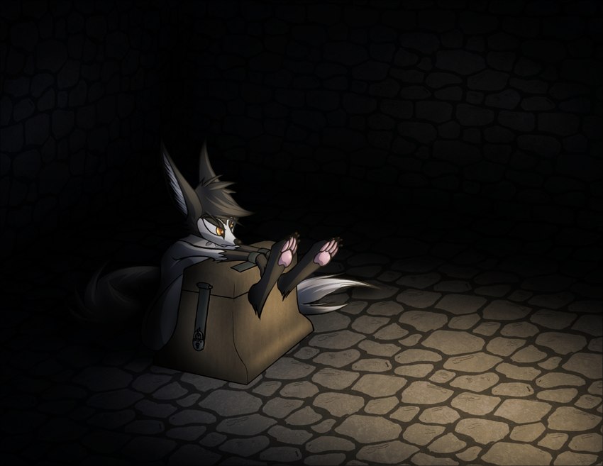 4_toes anthro barefoot bdsm bondage bound claws cuff_(restraint) digitigrade dungeon feet female imprisoned legs_up lock nude pawpads paws prisoner restrained restraints shackles sitting solo stocks submissive submissive_female toe_claws toes shellyghast ashtar canid canine fennec_fox fox mammal true_fox