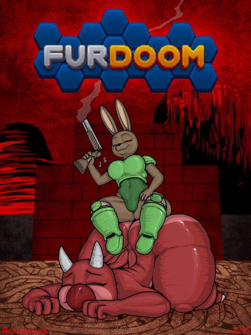 ambiguous_gender anthro armor big_butt breasts bulge butt clothing duo eyes_closed fur gun gynomorph hell horn huge_butt hyper hyper_butt intersex logo nude ranged_weapon shotgun sitting_on_another super_shotgun text thick_thighs weapon achromasloth doom_(series) furdoom id_software microsoft daisy_(katzenart) avian bird demon lagomorph leporid mammal rabbit 3:4 hi_res signature