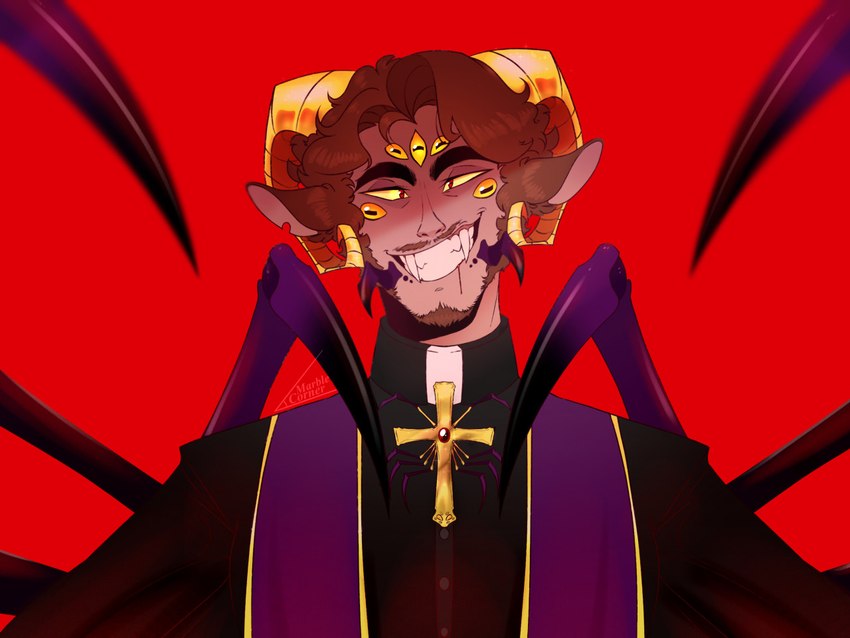 2_horns black_clothing bovid_horn brown_ears brown_hair caprine_horn clothed clothed_humanoid clothed_male clothing cross fangs grin hair horizontal_pupils horn male multi_eye multi_limb priest pupils ram_horn red_background sharp_teeth short_hair simple_background smile solo teeth yellow_horn yellow_sclera corneredmarble origins_(minecraft_mod) origins_smp fragrance_man animal_humanoid arachnid arachnid_humanoid arthropod arthropod_humanoid bovid bovid_humanoid caprine caprine_humanoid humanoid hybrid mammal mammal_humanoid sheep_humanoid spider_humanoid 2022 4:3