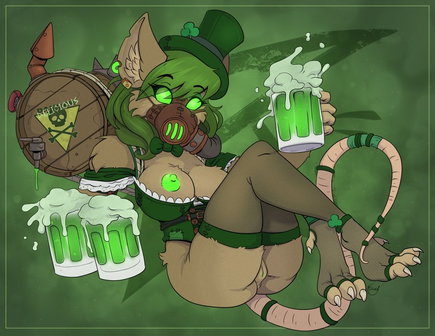 accessory alcohol anthro anus barrel beverage big_breasts bow_tie breasts brown_body brown_fur clothing clover_(plant) ear_piercing ear_ring empty_eyes eye_through_hair eyebrow_through_hair eyebrows female fur furgonomics gas_mask genitals glowing glowing_eyes glowing_nipples green_background green_bow_tie green_clothing green_eyes green_liquid green_nipples green_topwear hair hat headgear headwear holding_beer_mug holidays inner_ear_fluff looking_at_viewer mask nipples piercing plant pussy ring_piercing simple_background skull_and_crossbones solo tail tail_accessory text toeless_thigh_highs top_hat topwear translucent translucent_hair tuft wearing_mask yawg st._patrick's_day warhammer_(franchise) juggs_(yawg) mammal murid murine rat rodent skaven 2023 english_text