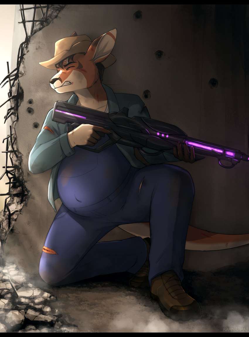 anthro biped black_bars clothed clothing countershade_face countershade_tail countershading fingers hat headgear headwear laser_rifle male pregnant pregnant_anthro pregnant_male solo tail bahnbahn kole_(nauta) kangaroo macropod mammal marsupial absurd_res hi_res letterbox maleherm_(lore)