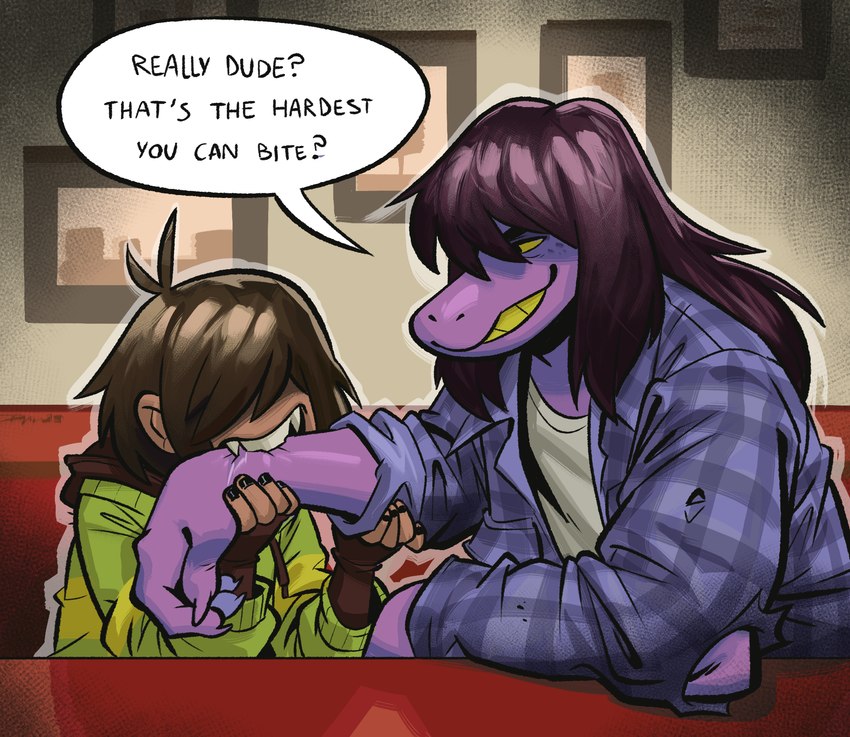 ambiguous_gender anthro arm_bite brown_hair dialogue duo female freckles hair hair_over_eyes purple_body smile smirk text angusburgers deltarune undertale_(series) kris_(deltarune) susie_(deltarune) dinosaur human humanoid mammal monster prehistoric_species reptile scalie 2023 english_text hi_res