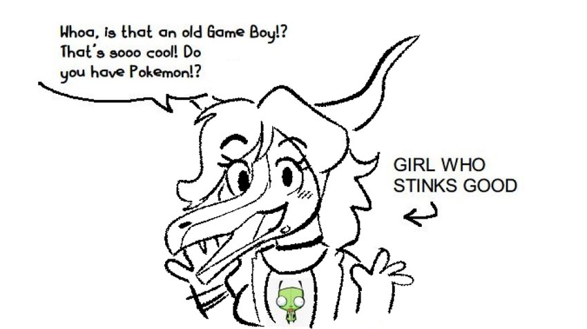 anthro choker clothed clothing female hair horn jewelry looking_at_viewer necklace simple_background solo speech_bubble text white_background coolbug cavemanon_studios girl_who_stinks_good invader_zim nickelodeon snoot_game gir_(invader_zim) schizo_chan_(snoot_game) dinosaur prehistoric_species reptile scalie english_text meme