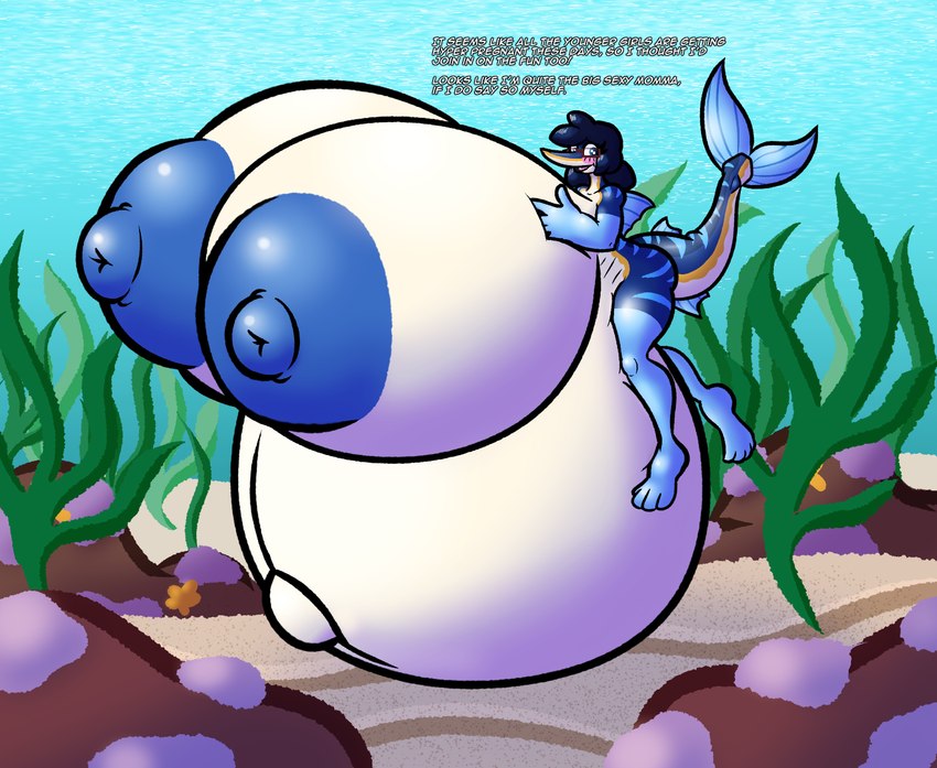 anthro belly big_belly big_breasts blue_body blue_eyes blue_hair blue_nipples blush breasts dialogue eyewear female fin fish_tail glasses hair huge_belly huge_breasts hyper hyper_belly hyper_breasts hyper_pregnancy long_snout mature_female navel nipples non-mammal_breasts non-mammal_nipples outie_navel pointy_nose pregnant snout solo striped_body stripes tail underwater water sprucy marilyn_(sprucy) billfish fish istiophoriform marine marlin hi_res