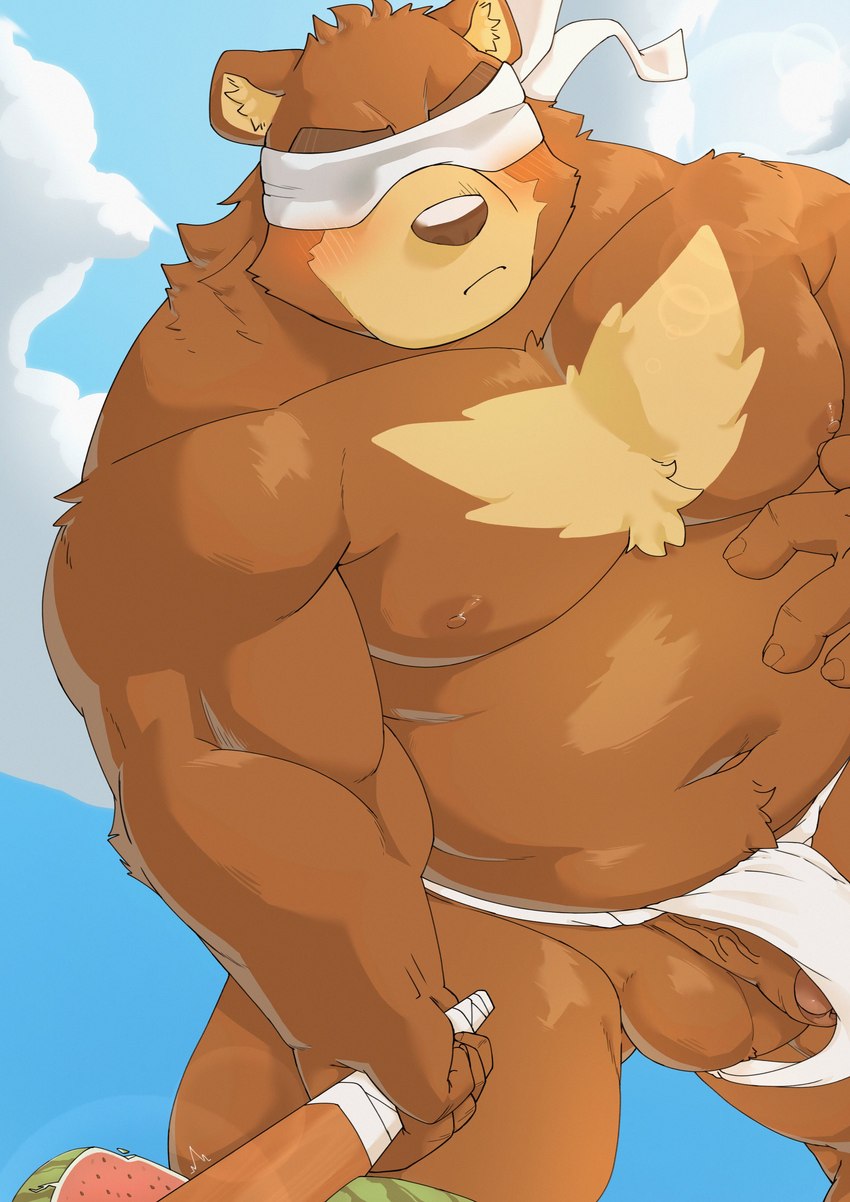 anthro asian_clothing balls blindfold blush brown_balls brown_body brown_fur brown_nipples brown_penis chest_markings clothed clothing cloud countershade_snout countershading covered_eyes east_asian_clothing food foreskin fruit fundoshi fundoshi_only fur genitals glans humanoid_genitalia humanoid_hands humanoid_penis japanese_clothing kemono male markings melon musclegut muscular muscular_anthro muscular_male nipples outside overweight overweight_anthro overweight_male pecs penis pink_glans plant snout solo tan_body tan_fur topless underwear underwear_only vein veiny_penis watermelon watermelon_crushing white_clothing white_fundoshi white_underwear happyhyena0 morenatsu juuichi_mikazuki bear black_bear mammal moon_bear ursine 2023 absurd_res hi_res