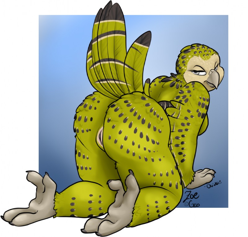 4_fingers 4_toes all_fours anthro arm_tuft avian_feet beak bedroom_eyes bent_over big_butt biped black_body black_feathers black_spots black_stripes blue_background border breasts butt butt_focus claws countershade_face countershading digitigrade dipstick_tail eyelashes feather_tuft feathers feet female fingers genitals green_body green_feathers grey_beak grey_eyes half-closed_eyes humanoid_hands looking_at_viewer looking_back markings multicolored_body multicolored_feathers multicolored_tail narrowed_eyes non-mammal_breasts nude outside_border overweight overweight_anthro overweight_female presenting presenting_hindquarters presenting_pussy pussy raised_tail rear_view seductive side_boob simple_background smile solo spots stripes tail tail_feathers tail_markings tan_body tan_countershading tan_feathers tan_stripes toes tuft white_background white_border zygodactyl oli_snowpaw zoe_(geb) avian bird kakapo parrot strigopoid 2015 digital_media_(artwork) full-length_portrait portrait signature