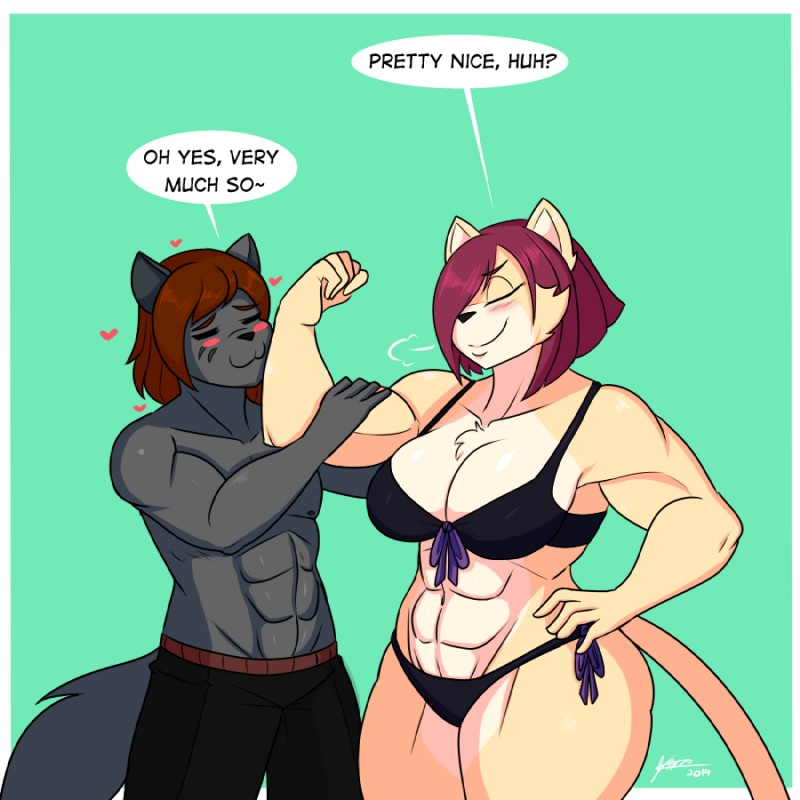 abs anthro big_breasts bikini breasts chest_tuft clothing dialogue duo female heart_symbol male male/female muscular muscular_female muscular_male swimwear text tuft two-piece_swimsuit jwinkz kaylee_(jwinkz) lanefurno felid feline mammal 1:1 english_text