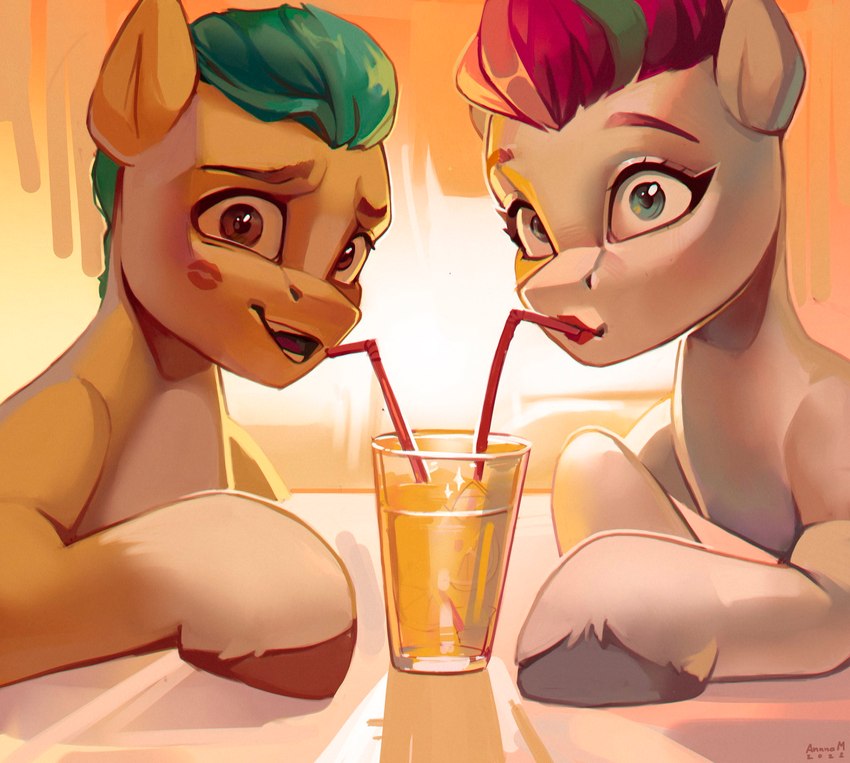 bendy_straw beverage blue_eyes drinking drinking_straw duo female feral hooves kiss_mark kiss_mark_on_cheek lips lipstick lipstick_on_cheek looking_at_viewer makeup male red_lips red_lipstick turquoise_hair annna_markarova hasbro mlp_g5 my_little_pony hitch_trailblazer_(mlp) zipp_storm_(mlp) earth_pony equid equine horse mammal pony hi_res