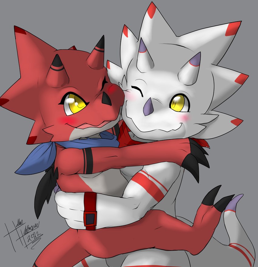 ambiguous_gender black_claws blush claws duo horn hug kerchief one_eye_closed simple_background smile white_body heibanhikaru bandai_namco digimon digimon_(species) gammamon guilmon hybrid absurd_res hi_res