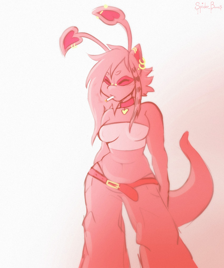 antennae_(anatomy) antennae_piercing anthro belly_overhang belt biped bottomwear breasts cigarette cigarette_in_mouth clothed clothing collar ear_piercing ear_ring eyebrows eyes_closed facial_piercing female furgonomics furry-specific_piercing hair long_hair muzzle_piercing navel nose_piercing object_in_mouth pants piercing ring_piercing simple_background smoking smoking_cigarette solo standing tail topwear tube_top white_background spider_bones neopets aisha_(neopets) neopet_(species) 2025 5:6 digital_media_(artwork) hi_res pink_theme portrait shaded three-quarter_portrait