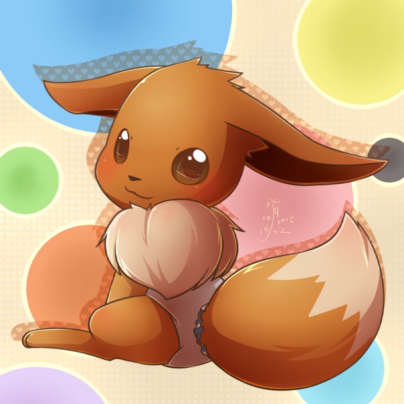 ambiguous_gender brown_eyes brown_sclera clean_diaper clothed clothing diaper diaper_only feral looking_at_viewer looking_back paws sitting solo topless wearing_diaper rugia1992 nintendo pokemon eevee generation_1_pokemon pokemon_(species) 1:1 2015