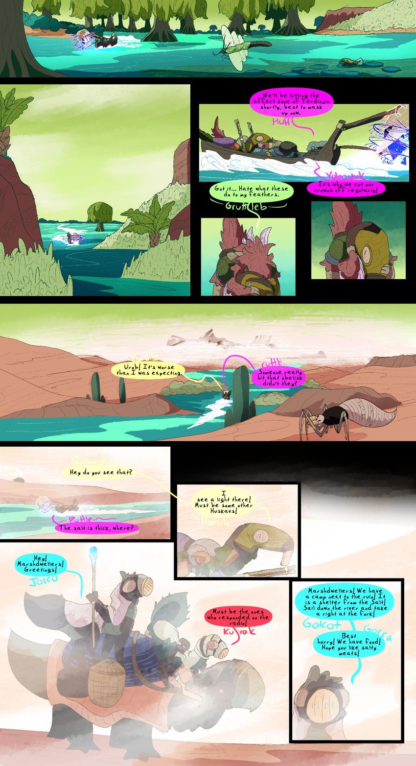 ambiguous_gender boat desert dialogue fantasy female feral group male post-apocalyptic river text vehicle watercraft thepatchedragon dragonscape mythology jok_(thepatchedragon joppa_(thepatchedragon) obohe_(thepatchedragon) dinosaur dragon drekir mythological_creature mythological_scalie prehistoric_species reptile scalie theropod absurd_res comic english_text hi_res