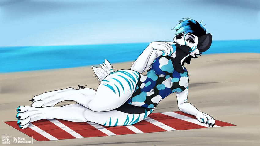 beach beach_blanket beach_towel black_body black_ears black_eyes black_fur black_hair blue_body blue_fur blue_hair breasts clothing fur hair looking_at_viewer lying markings multicolored_body multicolored_fur nail_biting on_side seductive solo striped_body striped_fur striped_markings striped_tail stripes swimsuit_only swimwear tail tail_markings towel water white_body white_fur kvnpoulsen alber cyndia_(thez3nith) hyena hyenid_(species) mammal 16:9 4k absurd_res hi_res watermark widescreen