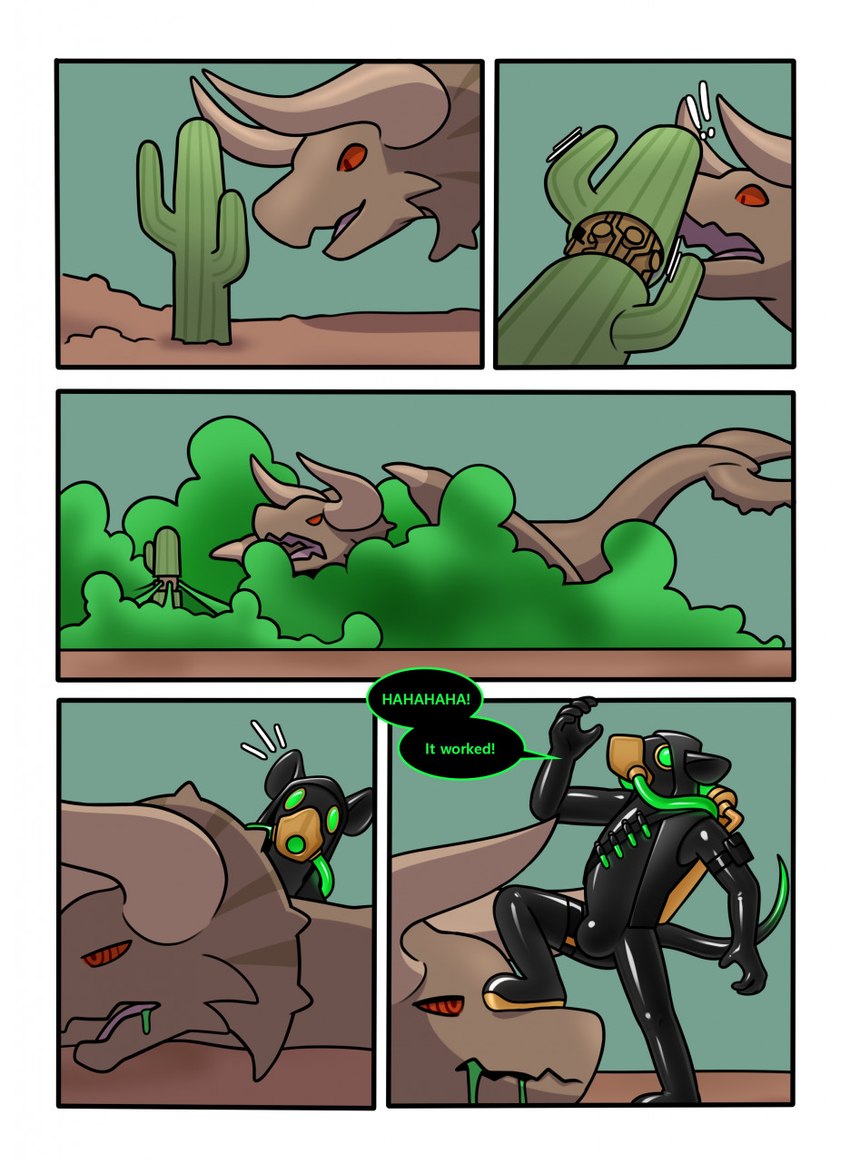 anthro cactus duo gas gas_mask hunting male male/male mask null_bulge plant ringed_eyes speech_bubble text trap_(contrivance) hacony capcom monster_hunter fan_character von_(jsdk) diablos_(mh) dinosaur flying_wyvern mammal murid murine prehistoric_species rat reptile rodent scalie comic english_text hi_res