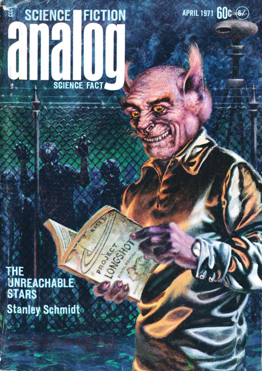 anthro barbed_wire button_(fastener) claws not_furry reading teeth whiskers kelly_freas analog_science_fiction nasa alien 1971 20th_century ancient_art cover hi_res magazine_cover