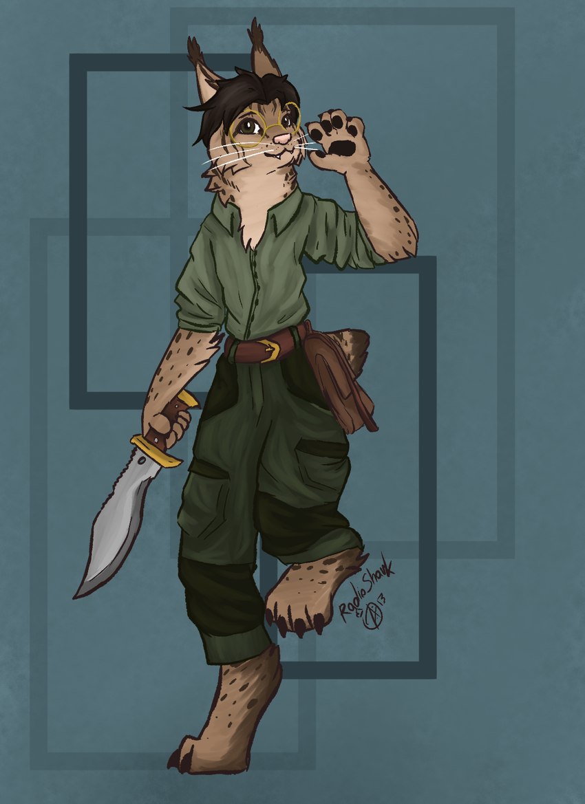 4_toes 5_fingers adventurer anthro armed belt black_claws black_hair blade bottomwear brown_eyes cargo_pants cheek_tuft claws clothed clothing digitigrade dress_shirt ear_tuft eyewear facial_tuft fangs feet fingers gesture glasses gold_belt_buckle gold_glasses green_clothing green_shirt green_topwear hair holding_knife holding_object holding_weapon knife kukri leather_pouch male markings neck_tuft nub_tail pants pawpads paws pink_nose pockets relaxed_expression rolled_up_sleeves round_glasses shirt snaggle_tooth solo spots spotted_markings tan_body teeth toes topwear tuft waving waving_at_viewer weapon whiskers white_whiskers radio_shark_(artist) team_fortress_2 valve corvin_jozroz_leung eurasian_lynx felid feline lynx mammal hi_res