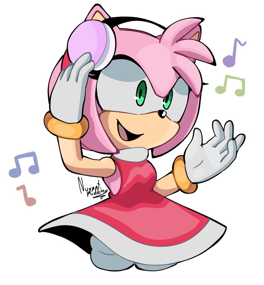 5_fingers accessory anthro breasts clothing dress electronics eyelashes female fingers gloves green_eyes hair hair_accessory hairband handwear headphones listening_to_music multicolored_body musical_note musical_symbol open_mouth open_smile pink_body pink_hair red_clothing red_dress simple_background smile solo symbol tan_body two_tone_body white_background white_clothing white_gloves white_handwear nuggetpudding sega sonic_the_hedgehog_(series) amy_rose eulipotyphlan hedgehog mammal 2025 absurd_res digital_drawing_(artwork) digital_media_(artwork) hi_res portrait three-quarter_portrait