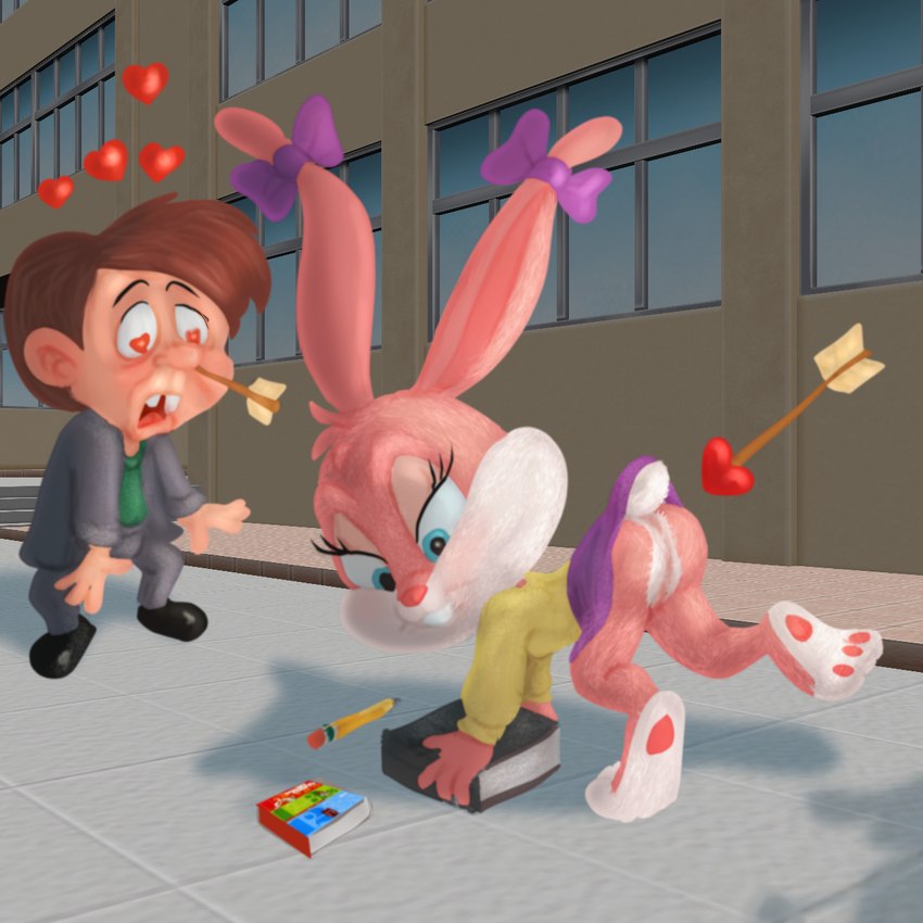 bent_over blush book bottomless butt clothed clothing duo female love male open_mouth standing young mousetache tiny_toon_adventure tiny_toon_adventures warner_brothers babs_bunny cupid montana_max human lagomorph leporid mammal rabbit 1:1 hi_res