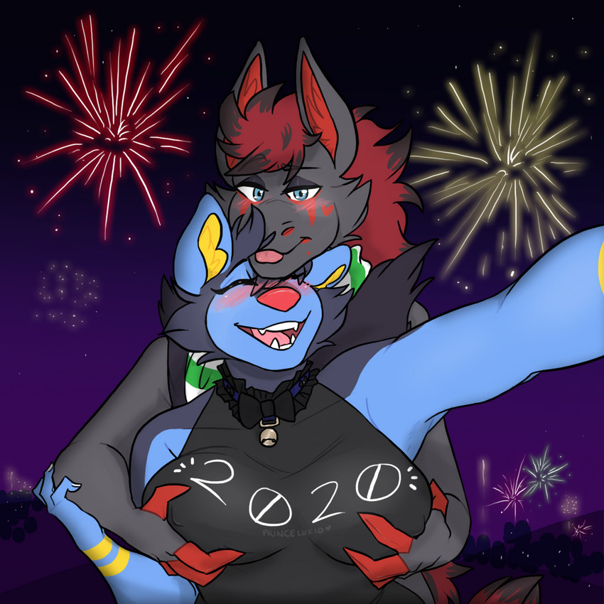 anthro bell bell_collar black_bow blue_body blue_eyes blue_fur blue_hair blush bow_(feature) bow_collar breast_grab breast_squish breasts celebration claws clothed clothing collar duo facial_markings female finger_claws fireworks frilly frilly_collar fur fur_markings hair hand_on_breast head_markings holidays hug larger_male looking_at_viewer male male/female markings multicolored_body multicolored_fur night nipple_outline number_on_body partially_clothed red_claws red_hair ribbons scarf selfie size_difference sleeveless_shirt smaller_female smile squish text tongue tongue_out puppeon new_year new_years_day new_years_eve nintendo pokemon pup_(puppeon) zirkoa generation_4_pokemon generation_5_pokemon luxio pokemon_(species) zoroark 1:1 2020 english_text hi_res