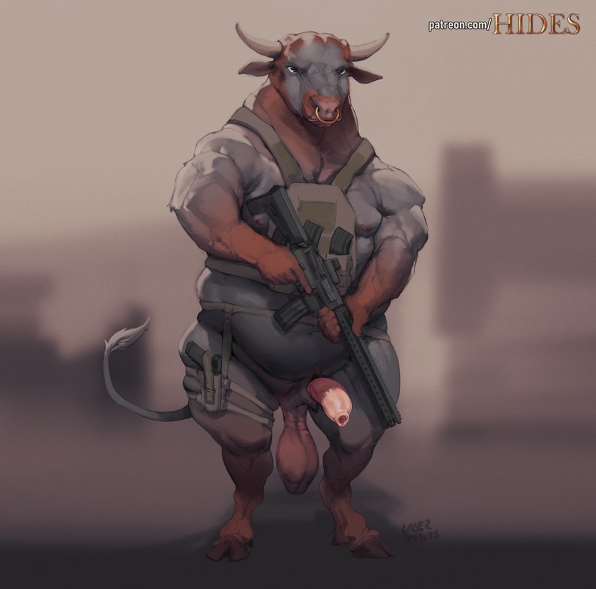 anatomically_correct anatomically_correct_balls anatomically_correct_genitalia animal_genitalia anthro balls big_balls blurred_background bovine_balls bovine_sheath brown_body brown_fur cloven_hooves dewclaw_hooves facial_piercing foreskin front_view fur genitals grey_body grey_fur gun holding_gun holding_object holding_ranged_weapon holding_weapon hooves humanoid_genitalia humanoid_penis hybrid_genitalia hybrid_penis lemon_testicles long_foreskin male mouth_closed muscular muscular_anthro muscular_male nose_piercing nose_ring outside overweight overweight_anthro overweight_male penis piercing ranged_weapon ring_piercing saggy_balls septum_piercing septum_ring sheath sheathed_humanoid_penis solo standing text weapon laser_(artist) bovid bovine cattle mammal full-length_portrait hi_res portrait signature url