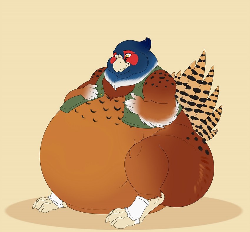 3_toes 5_fingers anthro beak belly big_belly biped black_body black_eyebrows black_feathers blue_body blue_feathers bottom_heavy brown_body brown_feathers claws clenched_teeth clothed clothing digitigrade eyebrows feathered_wings feathers feet fingers front_view holding_clothing holding_object huge_belly huge_hips huge_thighs hyper hyper_belly male morbidly_obese morbidly_obese_anthro morbidly_obese_male multicolored_body multicolored_feathers obese obese_anthro obese_male overweight overweight_anthro overweight_male partially_clothed red_body red_feathers scutes shadow solo tail tail_feathers tan_beak tan_body tan_claws tan_feathers teeth thick_thighs tight_clothing tight_topwear tight_vest toe_claws toes topwear weight_gain white_body white_feathers wide_hips winged_arms wings yellow_eyes anuvia faisan_(foxcall) avian bird common_pheasant galliform phasianid phasianus 2017 digital_media_(artwork) shaded story story_in_description