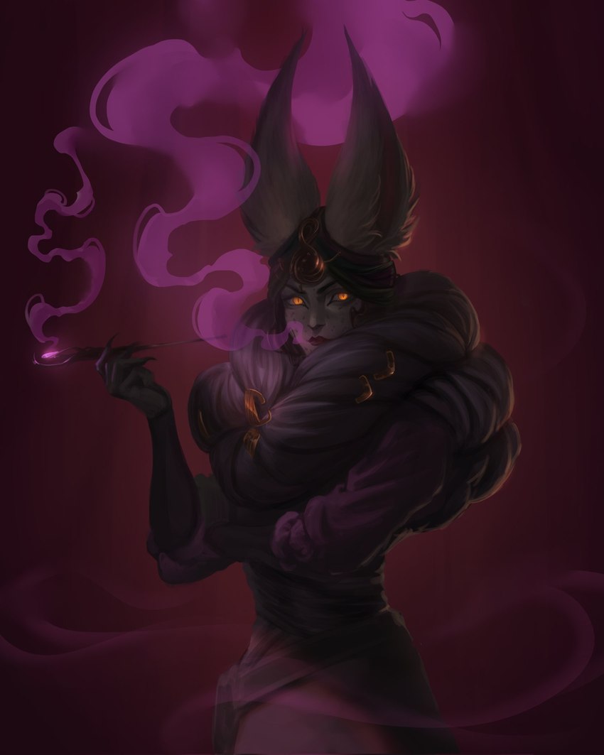 ambiguous_gender anthro claws clothed clothing dress fur hair headgear headwear long_ears simple_background smoke smoking smoking_pipe solo yellow_eyes blacksalander arcane_(tv_series) league_of_legends riot_games tencent lest_(arcane) animal_humanoid felid feline humanoid lynx mammal vastaya digital_media_(artwork) hi_res trans_(lore) trans_woman_(lore)