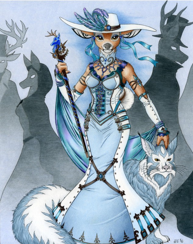 alternative_fashion anthro anthro_focus clothed clothing dress female feral fully_clothed group hat headgear headwear solo_focus steampunk tail cervidian94 magicclam kaneshia canid canine deer felid feline lynx mammal spirit artist_collaboration hi_res restricted_palette traditional_media_(artwork)