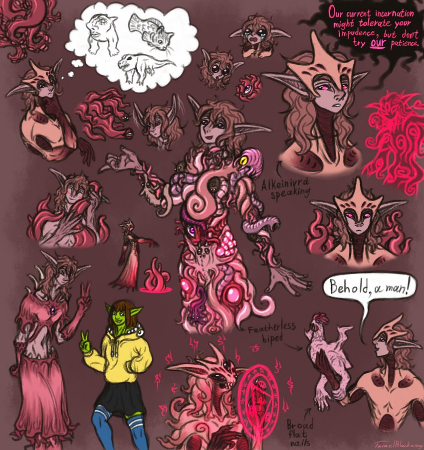 3_eyes ambiguous_gender blush bodily_fluids bottomwear brown_hair chibi clothed clothing crossdressing crying dark_eyes dialogue femboy feral flesh gloves glyphs green_body green_skin group hair handwear humanoid_pointy_ears legwear magic magic_circle male multi_eye pink_body pink_hair pink_skin pointy_ears pseudo_hair robe skirt smile speech_bubble split_personality stockings suction_cup tears tentacle_hair tentacles text thought_bubble taraelblackwing va'kri_ryakh_(taraelblackwing) animate_inanimate avian bird chicken eldritch_abomination elf felid feline fish galliform gallus_(genus) goblin humanoid hybrid living_clothing mammal marine phasianid reptile scalie tentacle_creature worm shape_shifter english_text hi_res