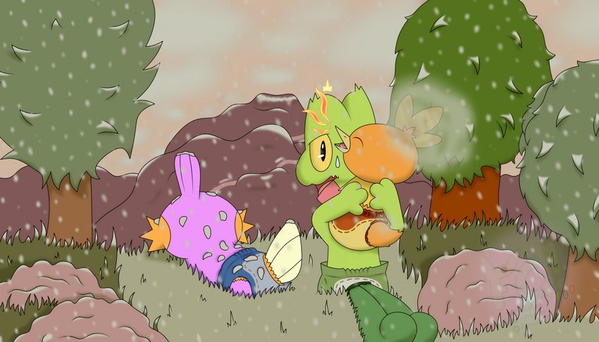 ambiguous_gender ashes clothed clothing diaper feral forest group plant tree wearing_diaper young fennecat nintendo pokemon generation_3_pokemon mudkip pokemon_(species) shiny_pokemon torchic treecko 7:4 hi_res watermark