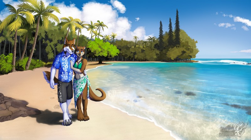 4_toes anthro barefoot beach black_nose black_pawpads breasts claws clothing duo feet female fur male medium_breasts outside pawpads romantic romantic_ambiance romantic_couple seaside tail toes vallhound stormwolff canid canine canis mammal mustelid otter wolf 2019 hi_res