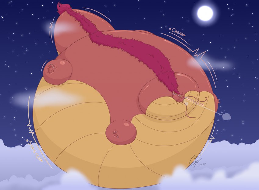 air_from_mouth air_inflation belly big_belly creaking expansion floating fur huge_belly hyper hyper_belly hyper_inflation immobile inflation inflation_fetish moon motion_lines onomatopoeia orange_body orange_text red_body red_fur sky skyscape sound_effects spherical_inflation star text yellow_body yellow_text gargocorey mythology ermrix_(berylium) dragon eastern_dragon mythological_creature mythological_scalie scalie 2024 dated hi_res signature