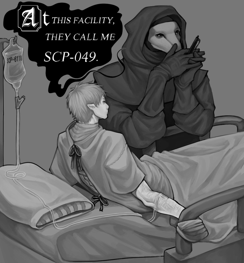 5_fingers anthro arm_scar beak bed biped black_text cloak clothed clothed_anthro clothed_humanoid clothed_male clothing dialogue duo eye_contact fingers furniture gloves hair handwear holding_object holding_pen hood hospital_bed hospital_gown humanoid_pointy_ears intravenous intravenous_drip introduction looking_at_another lying male male_anthro male_humanoid name_in_dialogue pen pillow pointy_ears scar seam_(sewing) shawl text under_covers white_text tiredsn0w scp_foundation scp-049 scp-6118 alien alien_humanoid avian bird humanoid keplerian 2024 character_name greyscale monochrome shaded