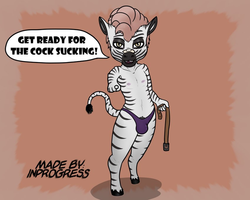 anthro bandage belt clothed clothing command command_to_prepare dialogue genitals gesture hand_gesture inviting looking_at_viewer male penis penis_base pointing pointing_at_viewer solo speech_bubble talking_to_viewer text thong underwear underwear_only young young_anthro inprogress ajax_(inprogress) equid equine mammal zebra 5:4 english_text hi_res