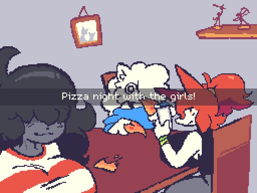 anthro big_breasts bracelet breasts caption electronics female food furniture group hair hair_over_eye hair_over_eyes jewelry phone pizza smile speech_bubble table text trio nucr4r snapchat canid canine canis domestic_cat domestic_dog felid feline felis fox mammal 4:3 hi_res